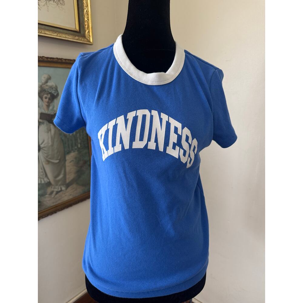 Old Navy Kindness Graphic Ringer Tee Blue Ribbed Snug Fit Size Large